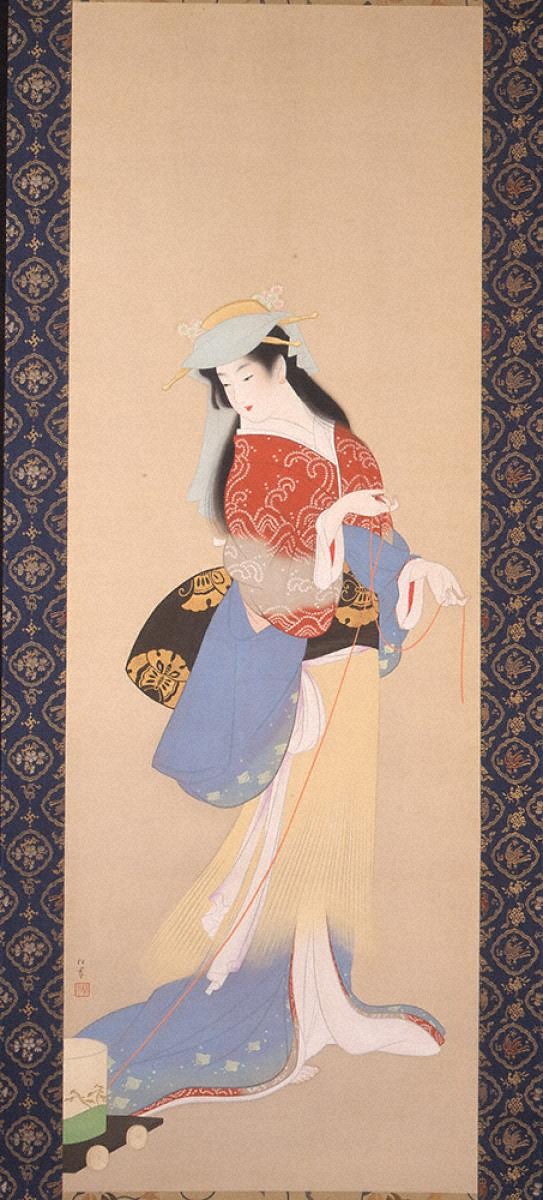 上村さ松園汐くみ 掛け軸 共同株式会社 美術商品部 掛軸 上村松園 『汐くみ』 共箱 解説書付 共同印刷 複製 工芸
