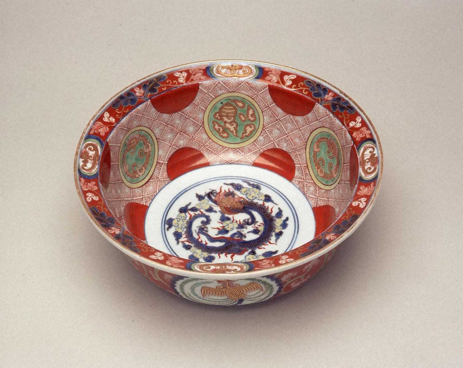 明治前期　色絵　花籠　龍と鳳凰　唐花　蝶　輪花　大鉢 shurakudo-antique_f1841